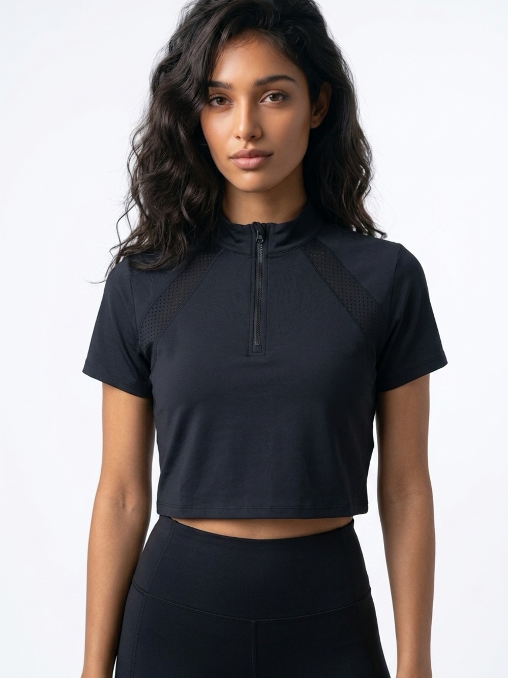 HALARA | NEW Cropped Black Short-Sleeve Zip-Front Active Top Women’s Size Small